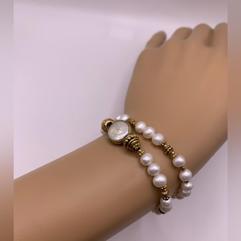 Turchin Hallmarked RARE Gold, Freshwater Pearl & Mother of Pearl Wrap Bracelet - Picture 13 of 15